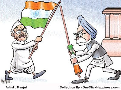 Anna-Hazare-&-Manmohan-singh- Funny Photo of Anna Hazare and Manmohan Singh - Fighting with Indian Flag